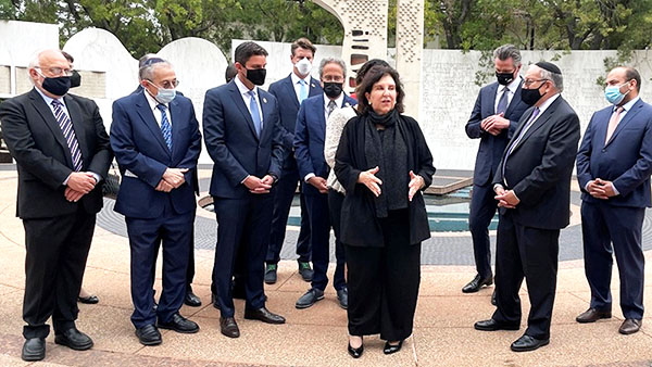 Dr. Anita Friedman, JFCS Executive Director, addresses the governor and state leadership on behalf of the JFCS Holocaust Center, which will lead on the state level to advance Holocaust and genocide education across California.