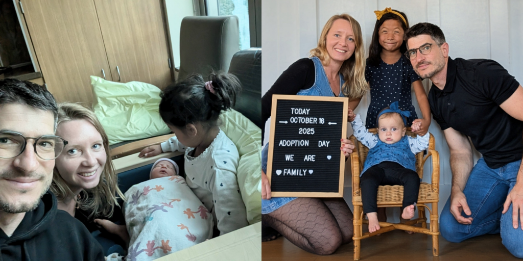A family welcomes their newly adopted baby.