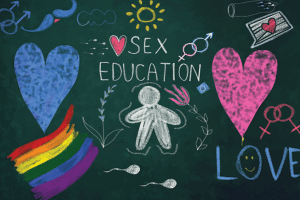 Blackboard with love and sex related symbols